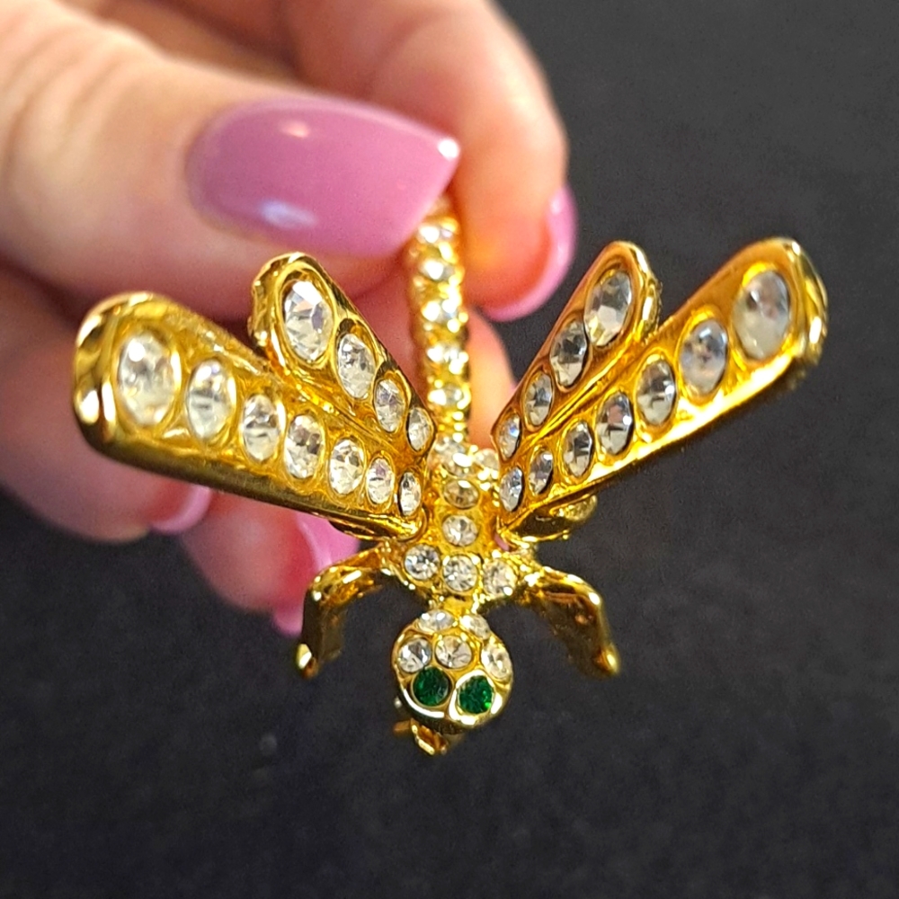 Vintage Gold Colored Dragonfly Rhinestone Brooch Pin With Spring Wings